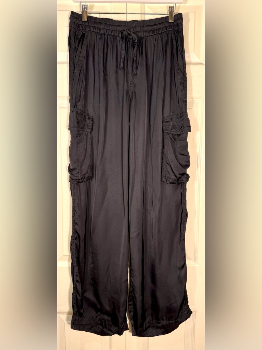 Aerie Satin Cargo Wide Leg Pants Black Drawstring Flowy Lounge Size Small